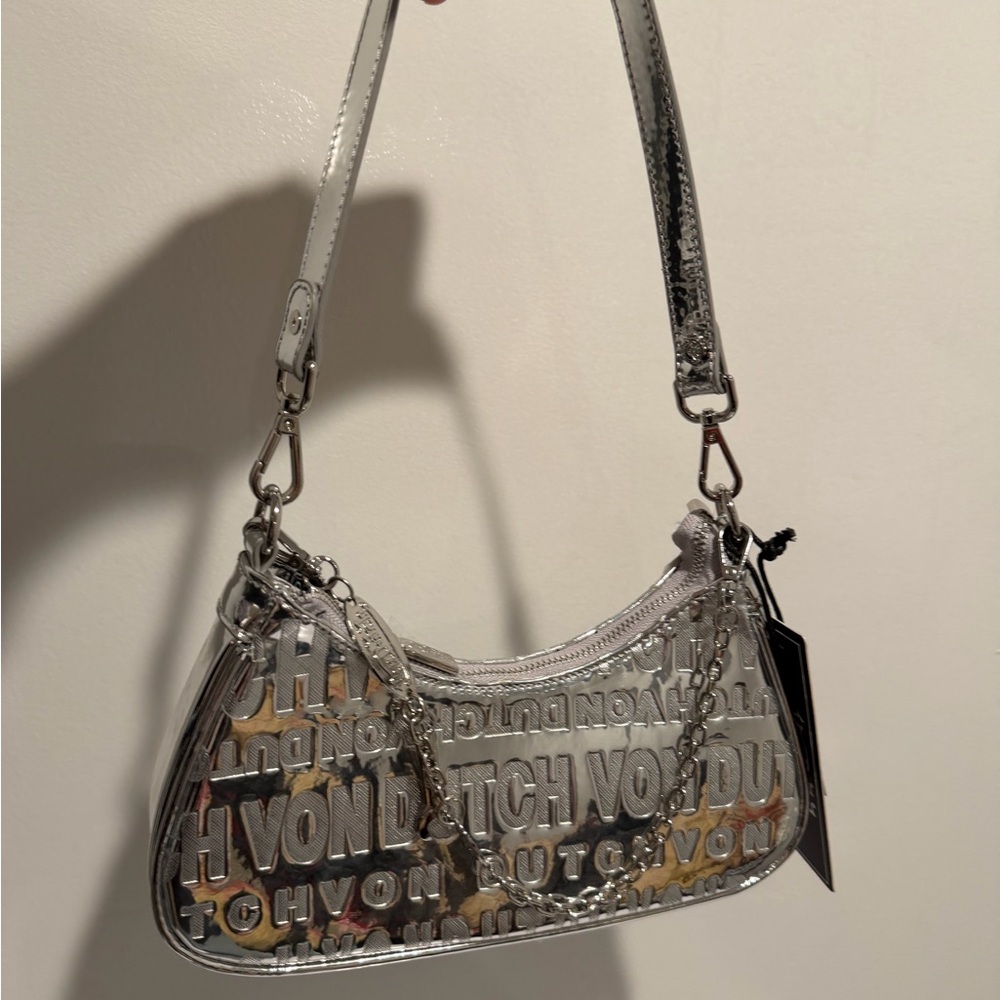 Von Dutch Silver Metallic Logo Shoulder Bag with Chain Accent